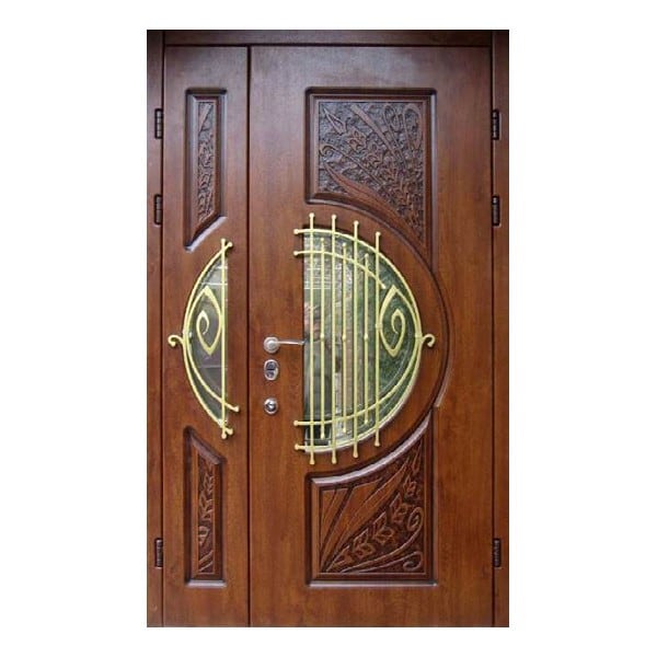 Входная металлическая двустворчатая дверь с МДФ-панелью и остеклением РОНДО 124