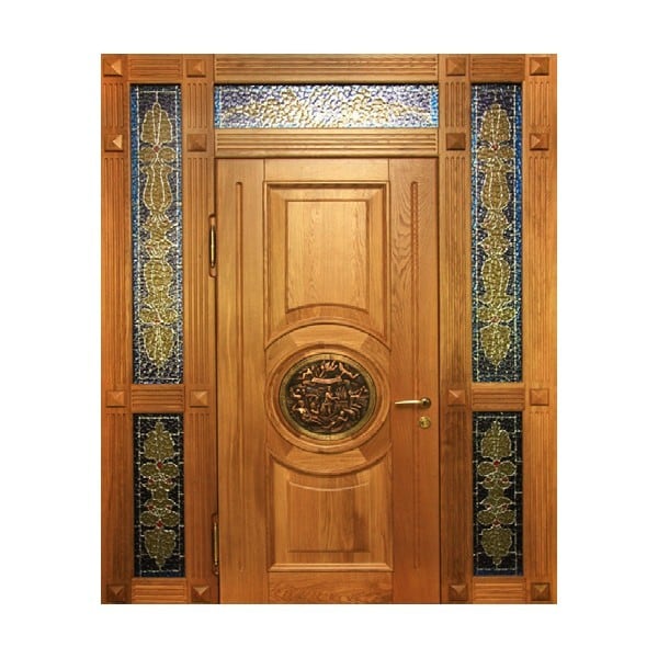 Входная металлическая двустворчатая дверь с отделкой массивом дуба и остеклением АЛЛЕГРО 237