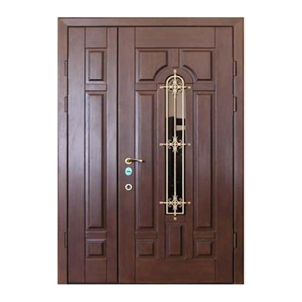 Входная металлическая двустворчатая дверь с отделкой массивом дуба и остеклением АЛЛЕГРО 229