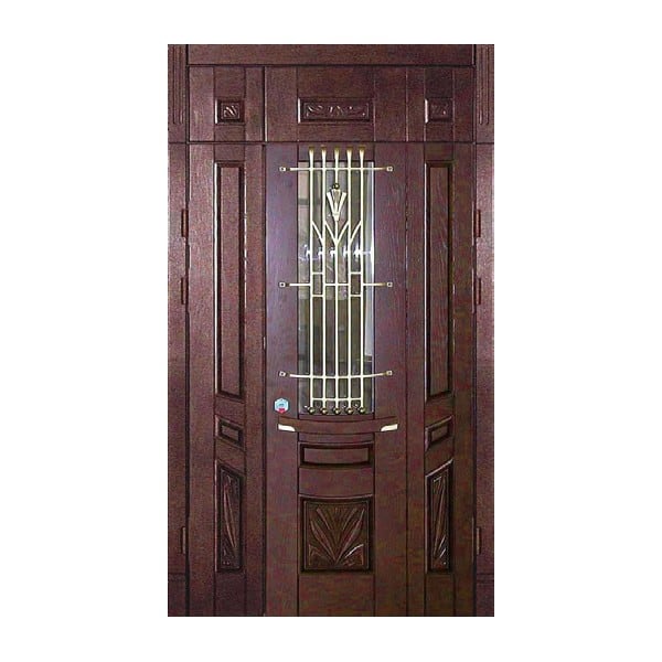 Входная металлическая двустворчатая дверь с отделкой массивом дуба и остеклением РОНДО 232