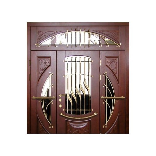 Входная металлическая двустворчатая дверь с МДФ-панелью, массивом дерева и остеклением АЛЛЕГРО 126